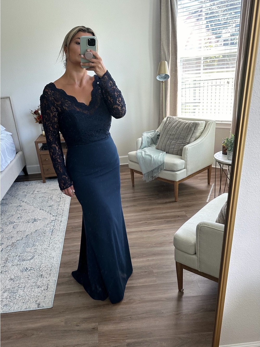 Dessy Collection Navy Lace Long Sleeve Formal Gown